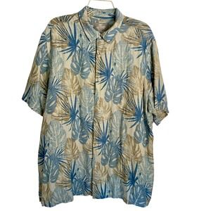 Margaritaville Mens 2XL Silk Linen Tropical Leaf Print Button Down Shirt BlueTan